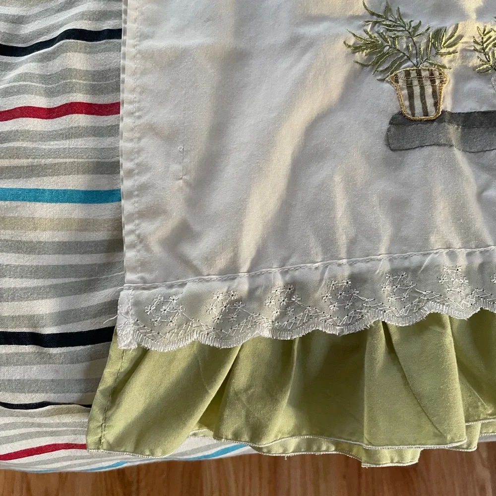 Vintage pair of green/white curtains, 35” length